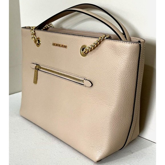 New Michael Kors Jet Set Medium Front Zip Chain Tote Leather Buff - Picture 5 of 6